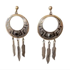 Vintage Wheeler Sterling Silver & Black Gemstone Southwestern Dangle Earrings